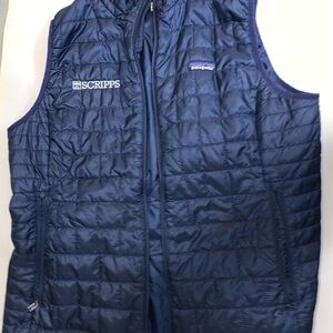 Patagonia Dark Blue Quilted Vest Scripps logo